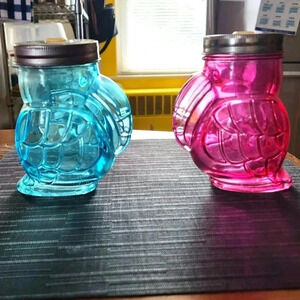1 Blue & 1 Pink Toucan-Shaped Mason Jar type drinking containers w/Lid